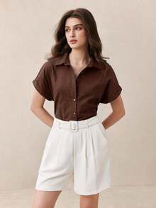 Nueva llegada Camisa casual de manga corta con botones delanteros de unicolor, adecuada para uso diario, primavera/verano - Café integral - Ver 3
