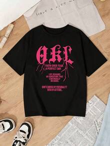 Y2K Women's Casual Black Off Shoulder Drop Short Sleeve Round Neck T-Shirt With Bold Pink Slogan Print, Regular Length Knit Top, Medium Stretch Fabric For Everyday Wear VT9G - 黑色 - 查看 2