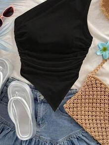 Conjunto de 3 piezas para mujer con top sin mangas con hombros fruncidos, de estilo minimalista y de moda, ideal para vacaciones, primavera y verano - Negro - Ver 3