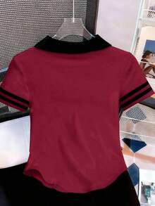 Camiseta de mujer casual de manga corta con cuello polo, estampado de caballero a rayas y contraste de color - Rojo - Ver 2