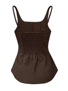 Camiseta de tirantes plisada marrón para mujer (elástico de 4 vías) - Café integral - Ver 2