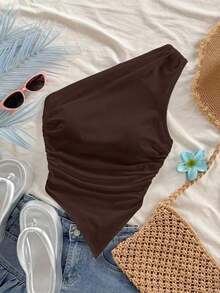 Blusa casual de unicolor con hombros oblicuos y ajustada, apropiada para el verano - Café integral - Ver 6