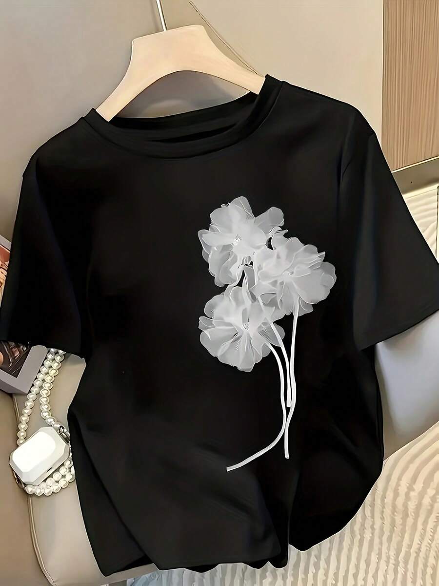 Camiseta Casual de Manga Corta para Mujer - Estampado , Cuello Redondo, Ligera, Lavable a Máquina, Top de Primavera/Verano, Elegante Camiseta para Mujer