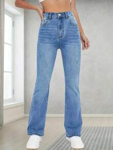 Jeans de campana clásicos y versátiles, cómodos y elásticos para adolescentes - Azul lavado medio - Ver 3