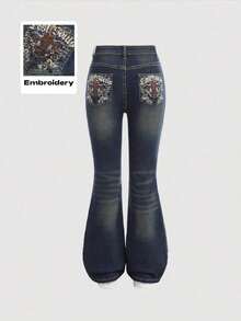 Girlism Jeans casuales acampanados con bolsillos y bordado de letras con estilo grunge y punk de moda Y2K para adolescentes, jeans para niñas para vuelta al colegio en otoño - Azul lavado oscuro - Ver 1
