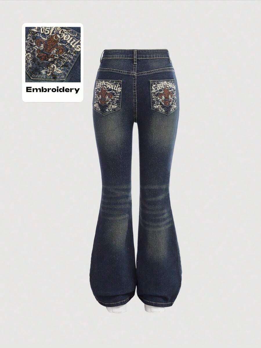 Girlism Jeans casuales acampanados con bolsillos y bordado de letras con estilo grunge y punk de moda Y2K para adolescentes, jeans para niñas para vuelta al colegio en otoño - Azul lavado oscuro - Ver 1