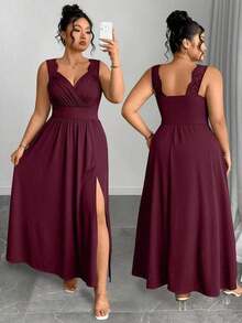 Elenzya Vestido línea A con cuello en V, contraste de encaje, tirantes finos y abertura para tallas grandes - Burdeos - Ver 1