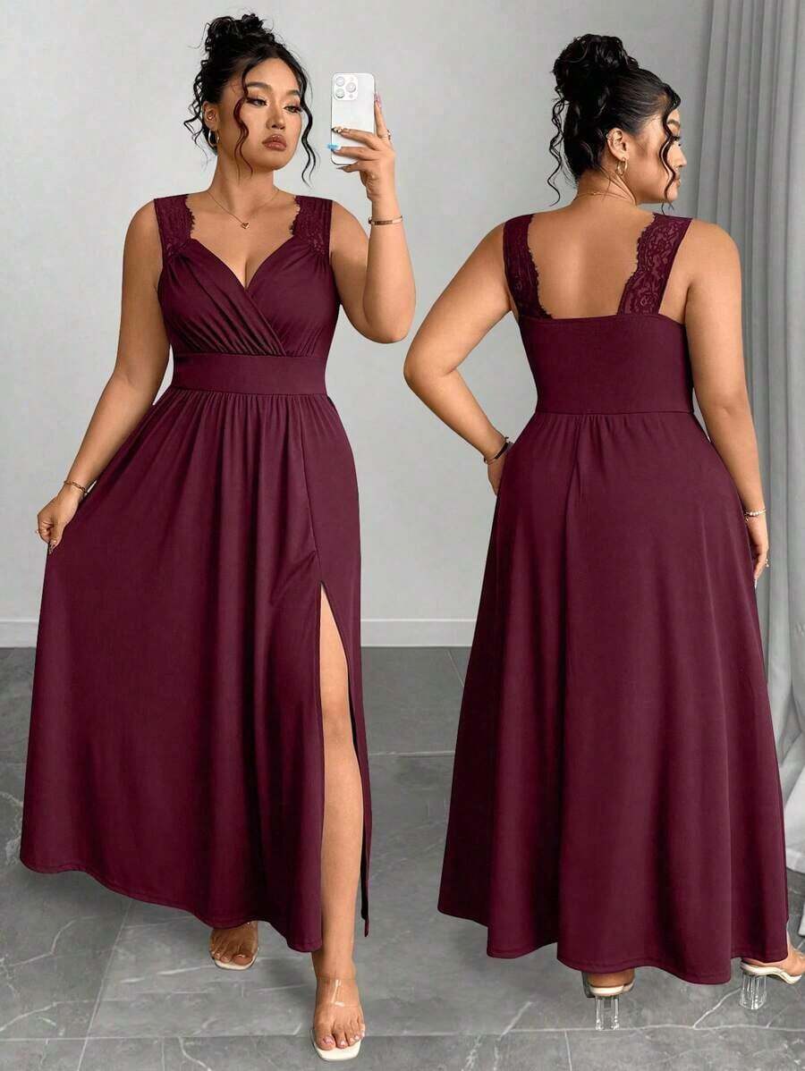 Elenzya Vestido línea A con cuello en V, contraste de encaje, tirantes finos y abertura para tallas grandes - Burdeos - Ver 1