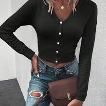 Short Button-Front Cardigan, Long Sleeve Top - Negro - Ver 7