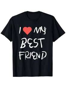 Love My Best Friend Tシャツ クルーネックTシャツ ホワイト＆レッドの友情プリント付き 夏用半袖原宿ストリートウェアトップスTシャツ - ブラック - チェックする 1
