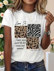 Camiseta de manga corta para mujer 100% algodón con estampado de corazón, leopardo y cebra - Top casual de cuello redondo, elasticidad media, lavable a máquina, estilo primavera/verano, combinación de estampados de leopardo y animales, camiseta cómoda y elegante, con diseño de cita inspiradora, para uso diario casual. - Blanco - Ver 3