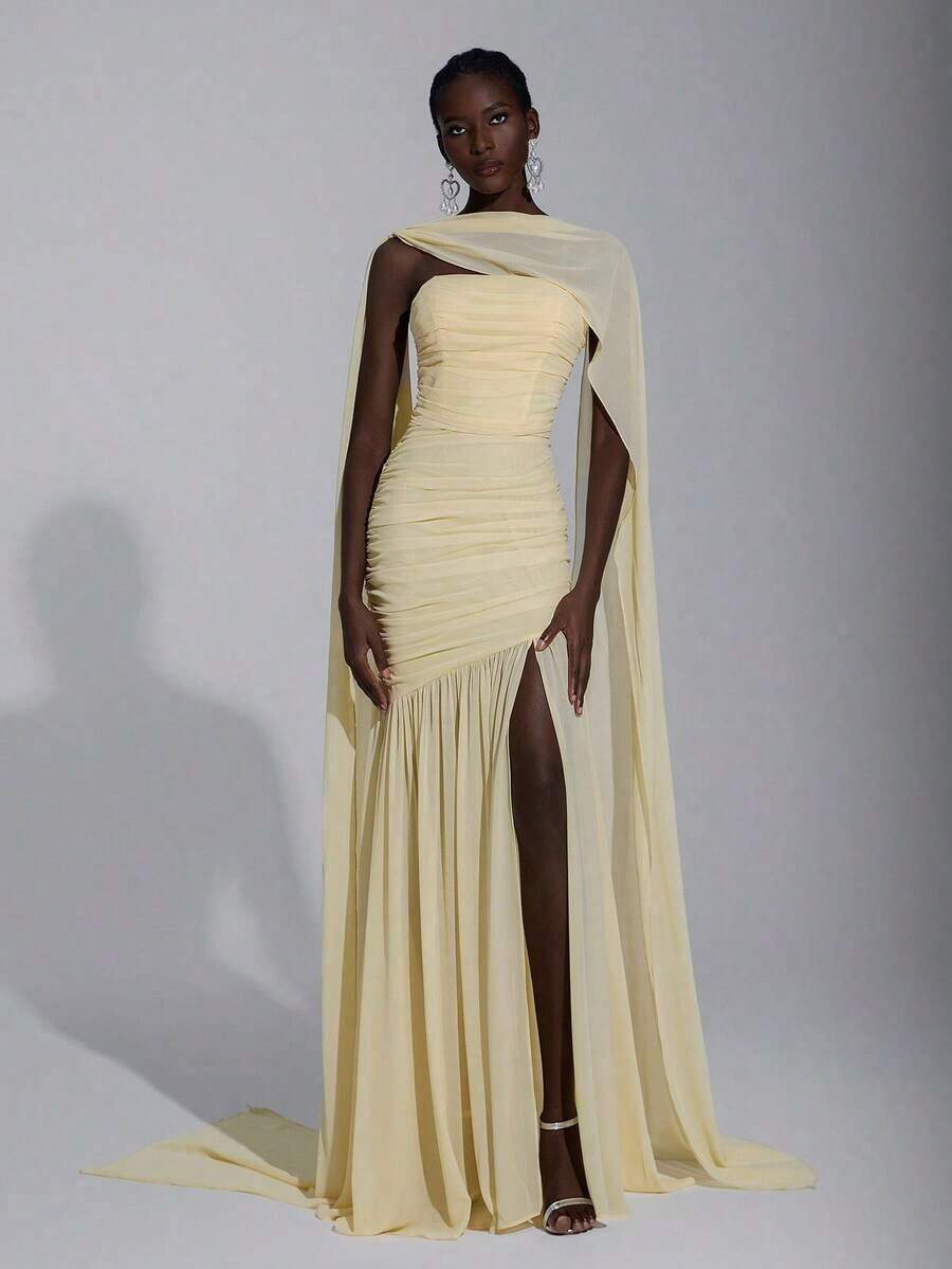 Elegante vestido de gasa de color crema amarillo, sencillo y elegante, con cuello halter (lentejuelas desmontables), busto fruncido, bajo de malla transparente y cola de pez, adecuado para citas, vacaciones, bodas y eventos de damas de honor - Amarillo - Ver 1
