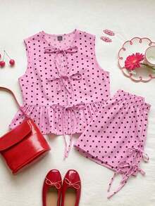 Set de 2 piezas de ropa de mujer con top tipo camiseta con cordones y shorts a cuadros, ideal para el Día de San Valentín - Rosa - Ver 2
