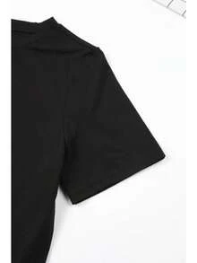 Camiseta de tela suave con estampado, cuello redondo, manga corta, estilo casual, para primavera y verano, camiseta de moda para mujer. - Negro - Ver 4