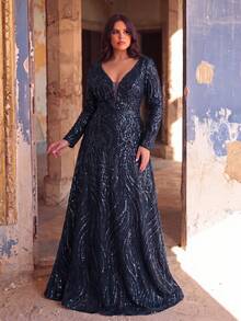 Faeriesty Vestido de noche elegante de talla grande con escote en V profundo y espalda descubierta, combinado con un vestido de línea A transparente y lentejuelas brillantes, adecuado para banquetes formales y ocasiones fotográficas para mujeres en bodas y fiestas de primavera - Azul Marino - Ver 2