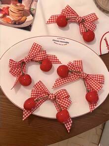 3pcs Vintage Velvet Bow & Cherry Hair Clips, Cute Side Bangs Clips For Girls - Multicolor - View 4