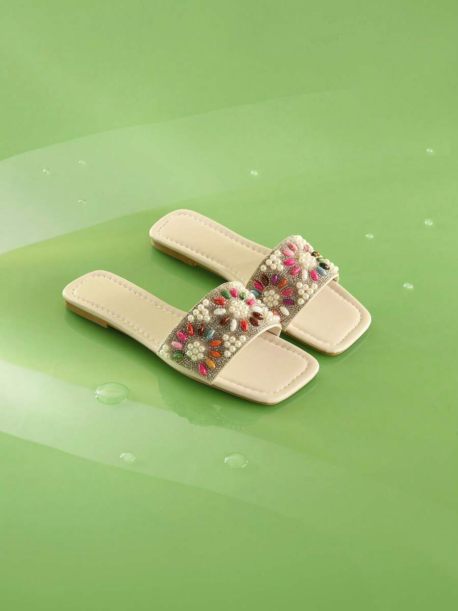 Trivaya Minimalist Fashion Comfortable Beaded Slippers For Women, Versatile Outdoor Wear, Summer New Rhinestone Flat Sandals,Beach Outfits - Beige - View 1