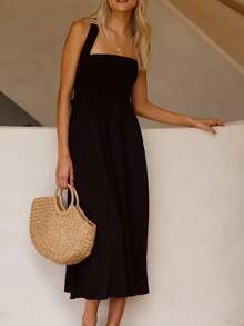 Vestido tirantes cuello barco algodón lino unicolor espalda descubierta elegante sensual estilo europeo verano - Negro - Ver 2