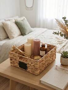 1pc Wicker Woven Storage Basket With Built-In Handle, Rattan Woven Organizer Basket For Shelves, Room Decor, Home Organization And Storage - Apricot - View 6