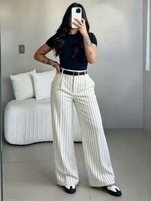 White Striped High Waist Slim Fit Wide Leg Pants, Bohemian Street Style, Suitable For Casual, Work Commute In Spring/Summer (Belt Not Included) - White - View 5
