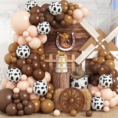 130-Piece Cow Print Balloon Arch Set, Cowboy Western Balloon Garland Kit, Including Coffee Brown And Beige Cow Balloons, Perfect For Farm-Themed Parties, Cowboy Or Cowgirl Birthday Celebrations