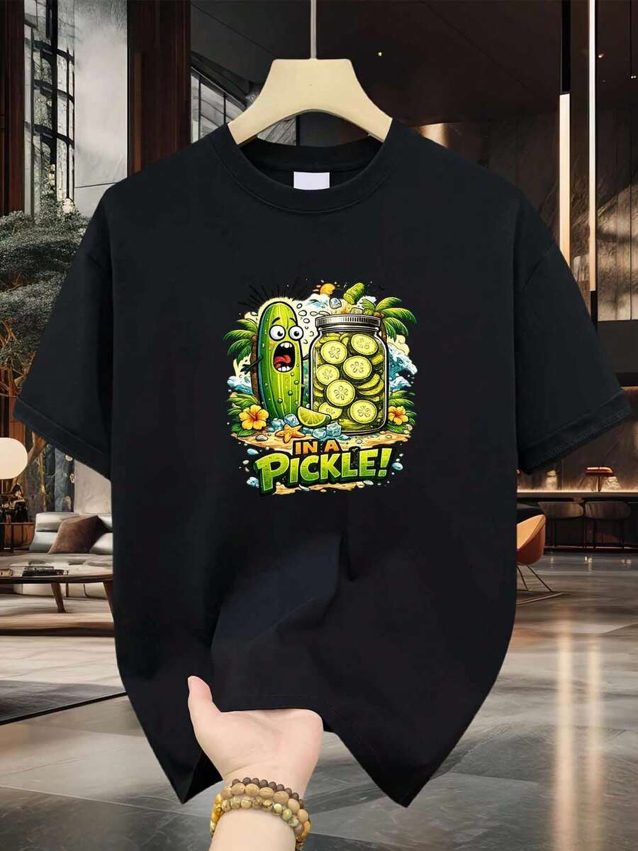Men's Cotton T-Shirt With A Fun Cartoon Pickle Jar Design And Tropical Beach Print. High-Quality Cotton Print, Durable, Casual And Stylish. Loose And Comfortable Fit. - Mixed Colors - View 1