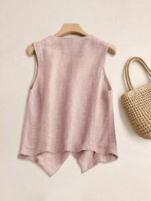 Plus Size Women's Spring/Summer Casual Linen Blazer Vest - Dusty Pink - View 2