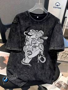 Camiseta de algodón lavado con estampado de ilustración oscura de Medusa serpiente en blanco y negro, 100% algodón puro, 230 gramos, marca Orca, adecuada para uso casual, salidas al aire libre, deportes, vacaciones, regalos y otras ocasiones. 180g 100% Algodón - Negro - Ver 6