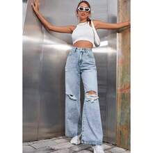 High Waist Ripped Wide Leg Jeans Women INS Fashion Casual Denim Pants - màu đen - Xem 3