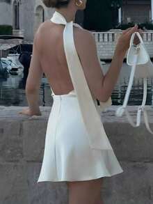 Vestido satén elegante 2026, diseño halter con lazos, espalda al descubierto, corte A estilo sensual - Blanco - Ver 4