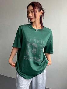 Oversized T-Shirt With Slogan Print: " The Future, Simplicity, Let Love Shine, Encourage My Life, It Is Full Of Happiness, Seize The Day" - 深綠色 - 查看 5