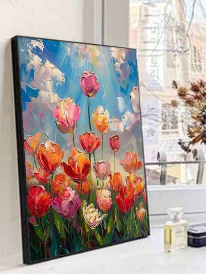 Tranh sơn dầu tự vẽ theo số "Cánh đồng hoa tulip rực rỡ dưới bầu trời xanh" - Tranh thủ công trang trí nhà cửa dành cho người lớn, kích thước 40x50cm/16x20inch, Quà tặng ngày lễ