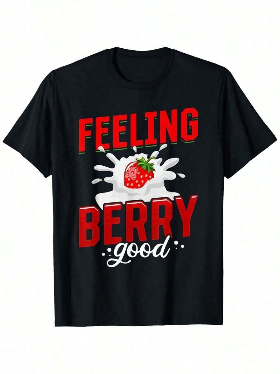 Camiseta de Verano Vintage con Estampado de Fresas para Hombre y Mujer - Camiseta Casual de Manga Corta 100% Algodón con Estampado de Fresas, Tallas S-XXXL, Apta para Todas las Temporadas, Ideal para Atuendos Casuales, Picnic, Playa y Recolección de Bayas - Top Unisex con Temática de Frutas, Ropa Moderna para Mujer - Negro - Ver 1