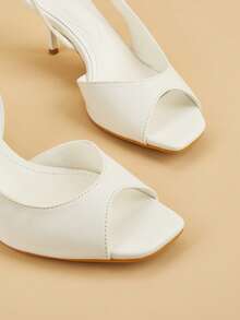 Sandalias de tacón de aguja alto con punta cuadrada, punta abierta, talón abierto y correa, adecuadas para la oficina, zapatos de verano - Blanco - Ver 4