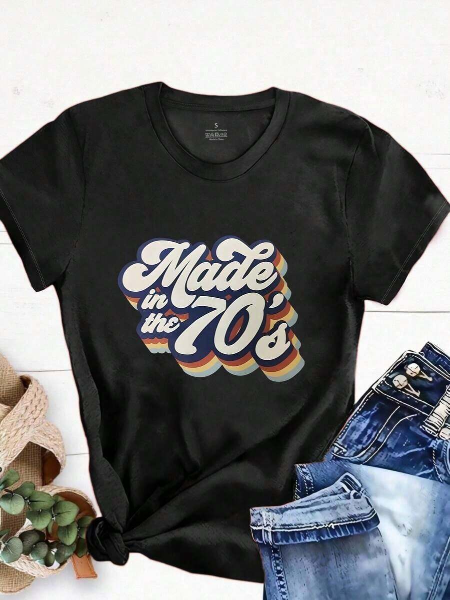 Playera de mujer 100% algodón manga corta estampado vintage versátil para verano - Negro - Ver 1
