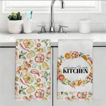 2pcs Watercolor Vegetable & Fruit Illustration, Chili Pepper, Tomato, "Welcome To Our Kitchen" Printed Kitchen Towels, Dish Towels, Hand Towels, Dish Cloths, 15.75*23.62in(40*60cm), Polyester Microfiber Material, Modern Soft Absorbent Cloths, Kitchen Accessories, Machine Washable, Suitable For Dining Room, Kitchen, Bathroom, Home Decor, Gifts, All Seasons - Multicolor - View 10
