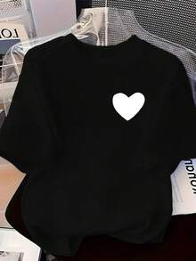Camiseta vintage para mujer con estampados en la parte delantera y trasera, diseño en forma de corazón, cuello redondo, estilo casual y moderno, manga corta, adecuada para entrenamientos en todas las estaciones y uso diario, top con diseño divertido estampado. - Negro - Ver 3