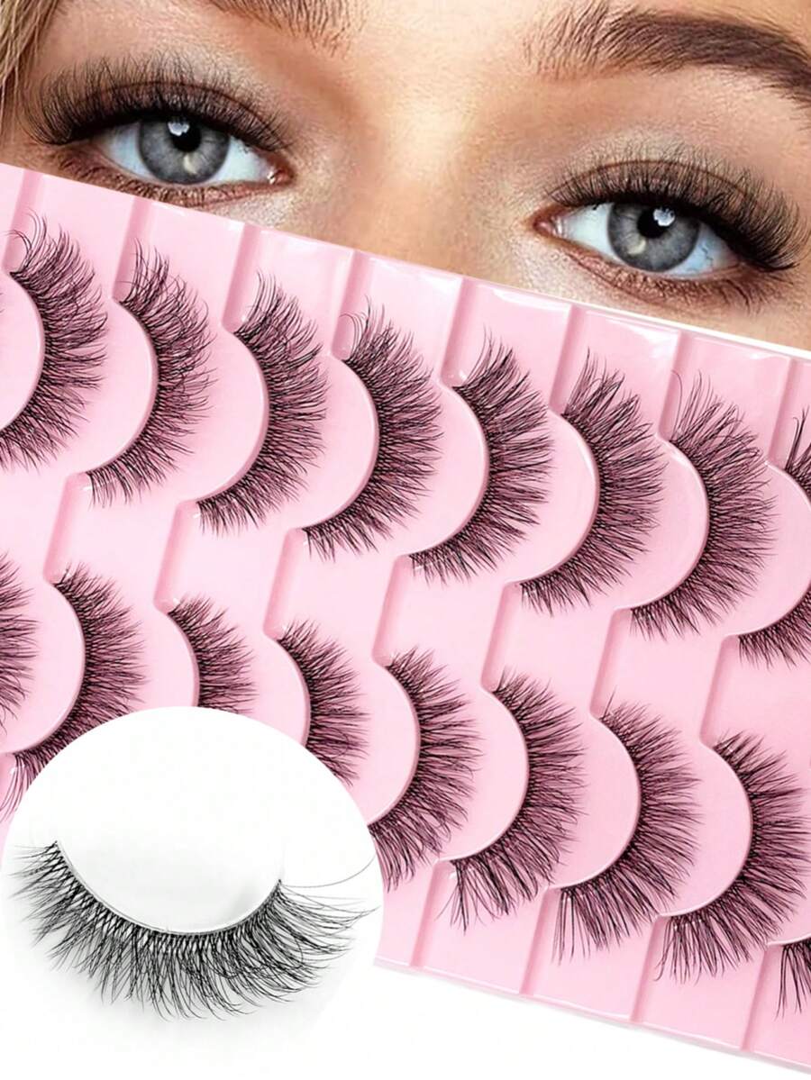 3D Faux Mink False Eyelashes Set 10 Pairs Lightweight Natural Look D Curl Fluffy Wispy Dramatic Volume Daily Makeup Lashes - Black - View 1