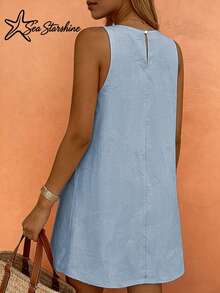 Starfish Women's Fashionable Versatile Elegant Casual Khaki Round Neck Sleeveless Dress, Suitable For Spring And Summer - Blue - View 4