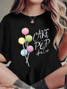 Camiseta con estampado Cake Pop Dealer Baker Watercolor Cakepop Bakery Chotto Bakes, camiseta informal de cuello redondo y manga corta para verano. - Negro - Ver 1