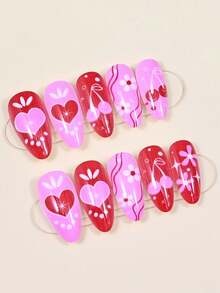 24PCS Short Almond Press On Nails With Design, Colorful Stars Polka Dots Hearts Pattern Fake Nails Cute Full Cover Nude Pink Acrylic Nails Spring Summer Color Vitality Glue On Nails For Women Girls - Multicolor - View 3