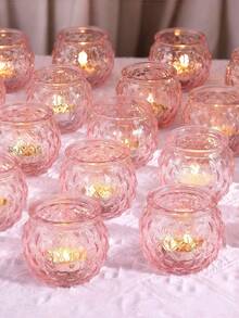 Set Of 6 Pink Glass Candle Holders, Diamond Pattern Design, Suitable For Wedding Table Decor, Halloween Party Decor, Dining Table Decoration, Indoor Home Decor, Family Gatherings, Theme Parties, Wedding Centerpiece Decor, Living Room And Home Tabletop Decoration - Pink - View 4