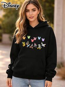 Disney Official Authorization | Women's Hoodie Decorated With Park Balloon Prints Of Mickey Mouse, Minnie Mouse, Donald Duck, Daisy Duck, Goofy And Pluto. Loose Oversize Fit, Perfect For Daily Casual Wear, Outings And Shopping, And Also An Excellent Gift Choice. - 黑色 - 查看 1