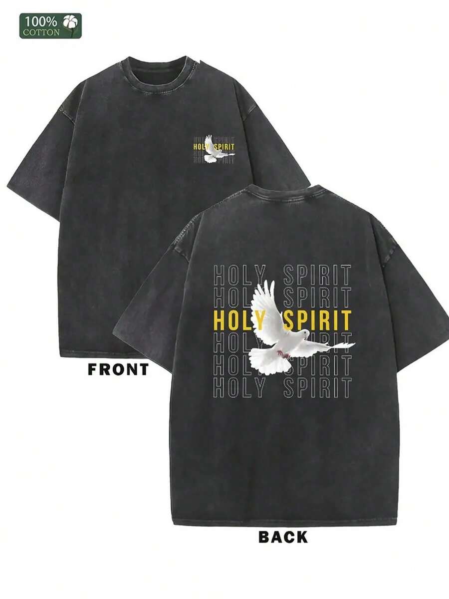 Vintage Washed Cotton T-Shirt With A White Flying Dove Print - "Holy Spirit" Print, Urban Casual Style, Crew Neck, Comfortable For All Seasons, Perfect Gift For The Holidays, T-Shirt. - 黑色 - 查看 1