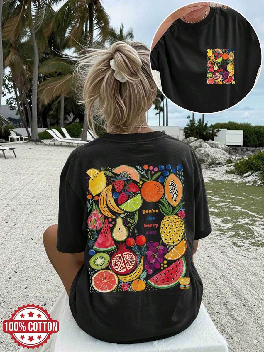 Women's T-Shirts, Summer Tops [Double-Sided Print] Women's Spring And Summer Casual T-Shirt With A Playful Fruit Design And The Inscription "You're The Berry Zest" On A Crew Neck, Short-Sleeved, Oversized T-Shirt [Chu K] Cotton T-Shirt, Women's - Black - View 1