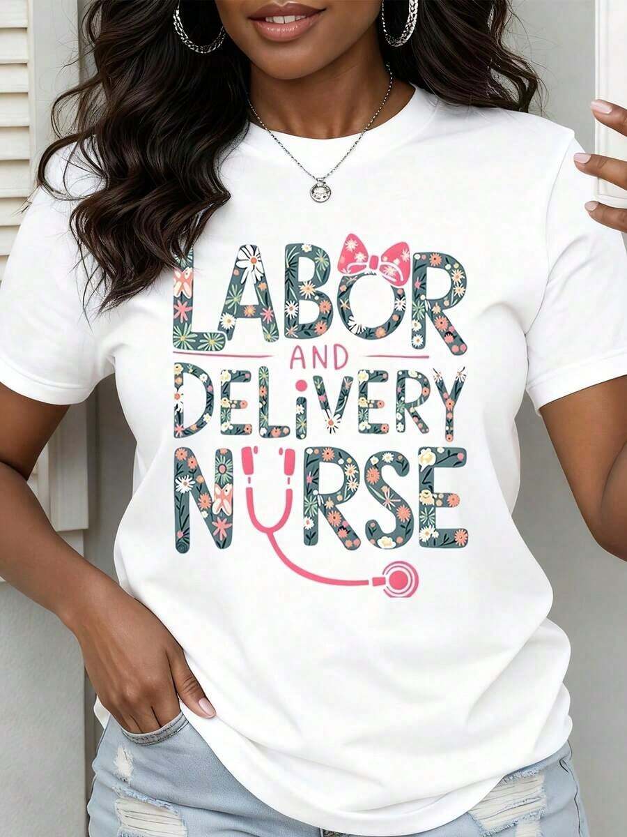 Camiseta de Enfermera de Partos y Maternidad con Diseño Floral para Mujer, con Gráfico de Estetoscopio, Blusa de Algodón Blanca, Ropa Fresca de Verano - Blanco - Ver 1