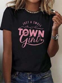 1 pieza [Camiseta Deportiva] Camiseta de Mujer de Algodón Puro Estilo "Chica de Pueblo Pequeño" Ajuste Cómodo |       Corte relajado |       Talla Grande 180g 100% Algodón - Negro - Ver 8