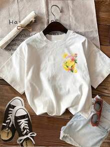 Top casual de moda premium para mujer con estampado de doble cara, adecuado para primavera y verano, con un diseño floral de limones frescos, cuello redondo, camiseta de manga corta, ecológico. - Blanco - Ver 4