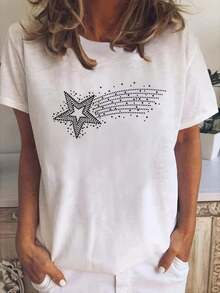 Women's Star Print T-Shirt, Loose And Comfortable, Cute Loungewear, Sportswear, Outdoor Wear, Work And Party T-Shirt, Comfortable And Lightweight T-Shirt. - 白色的 - 查看 10