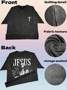 Camiseta Unisex Vintage Lavada Oversize Negra Manga Corta Gráfica Hombres Mujeres Ropa Jesús En Tu Corazón Cruz Serie Religiosa Cristiana Camiseta Vintage Lavada Hombres Mujeres Gótica Rock Oversize Manga Corta Hip Hop Streetwear-Vintage Street Style Unisex Loose Cotton Short Sleeve Crew Neck T-Shirt - Negro - Ver 6